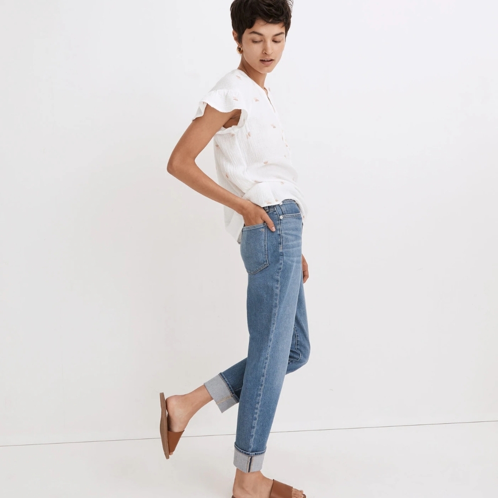 MADEWELL Embroidered Lightspun Ruffle Sleeve Henley Top White Neutral M - Picture 2 of 10